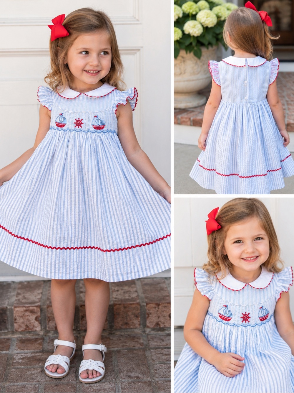 Shrimp & Grits Kids Sailboat Smocked Seersucker Dress Blue White 4T Nautical